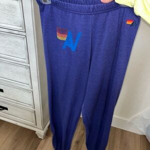Aviator Nation Kids Blue Sweatpants with Rainbow Logo